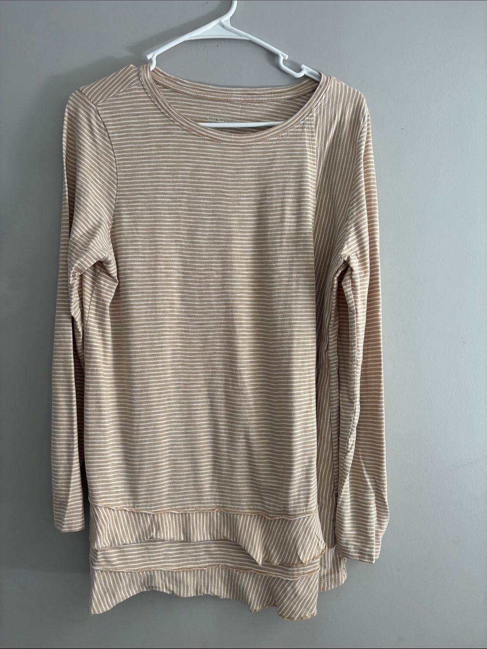 Soft Surroundings Beige and White Striped Long-Sleeve Crew Tee